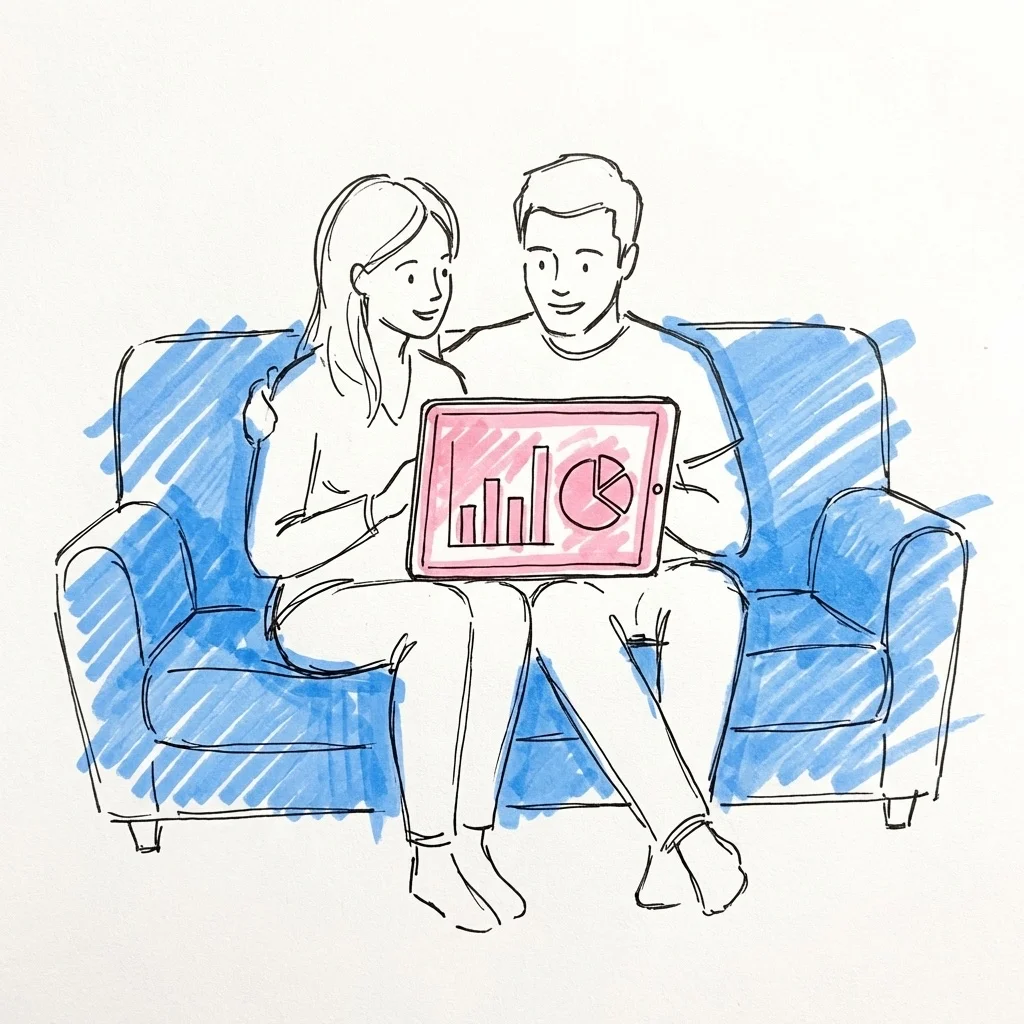 Ett par som tittar på en surfplatta med en budgetvy, i Lovios rosa och blå illustrationsstil