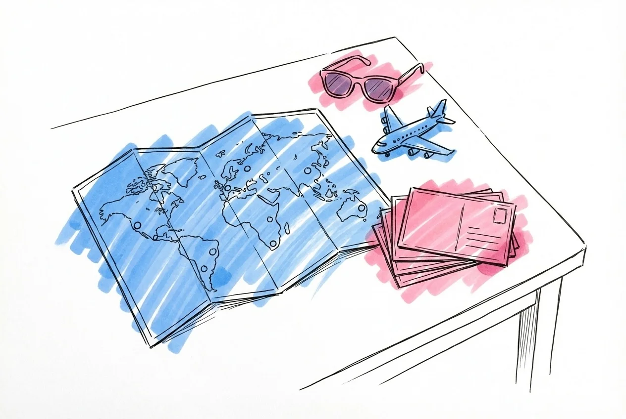 En karta med markerade destinationer, vykort och solglasögon på ett bord, i Lovios rosa och blå illustrationsstil