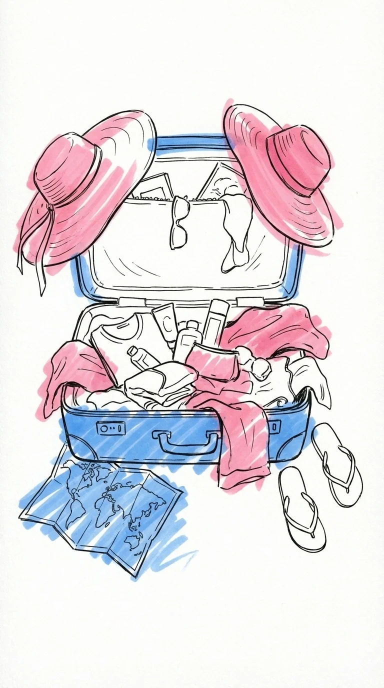 En överfylld resväska med föremål som ramlar ut, i Lovios rosa och blå illustrationsstil