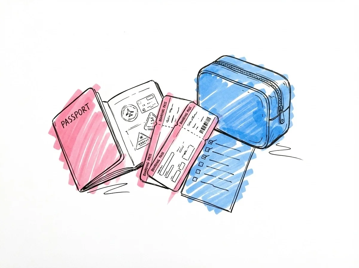 Ett öppet pass bredvid boardingkort och en resväska, i Lovios rosa och blå illustrationsstil
