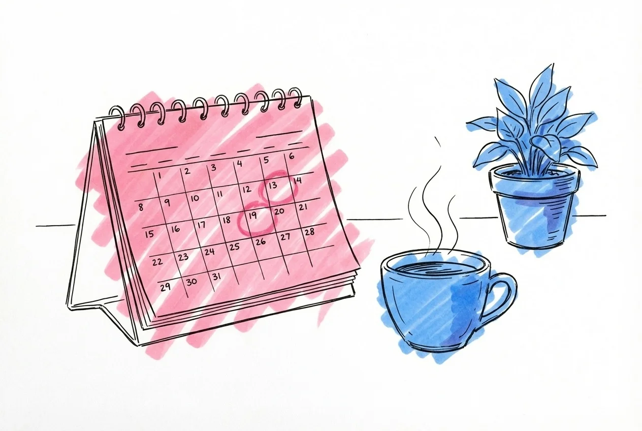 En skrivbordskalender med inringade datum och en kaffekopp, i Lovios rosa och blå illustrationsstil