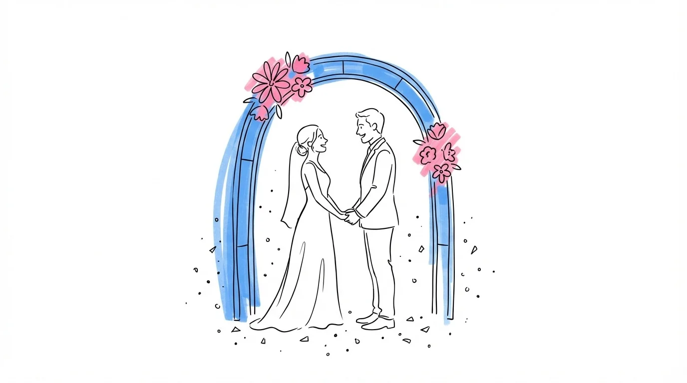 Par som står under en enkel ceremoniportal med några blommor — avslappnade och nygifta efter snabbt bröllop