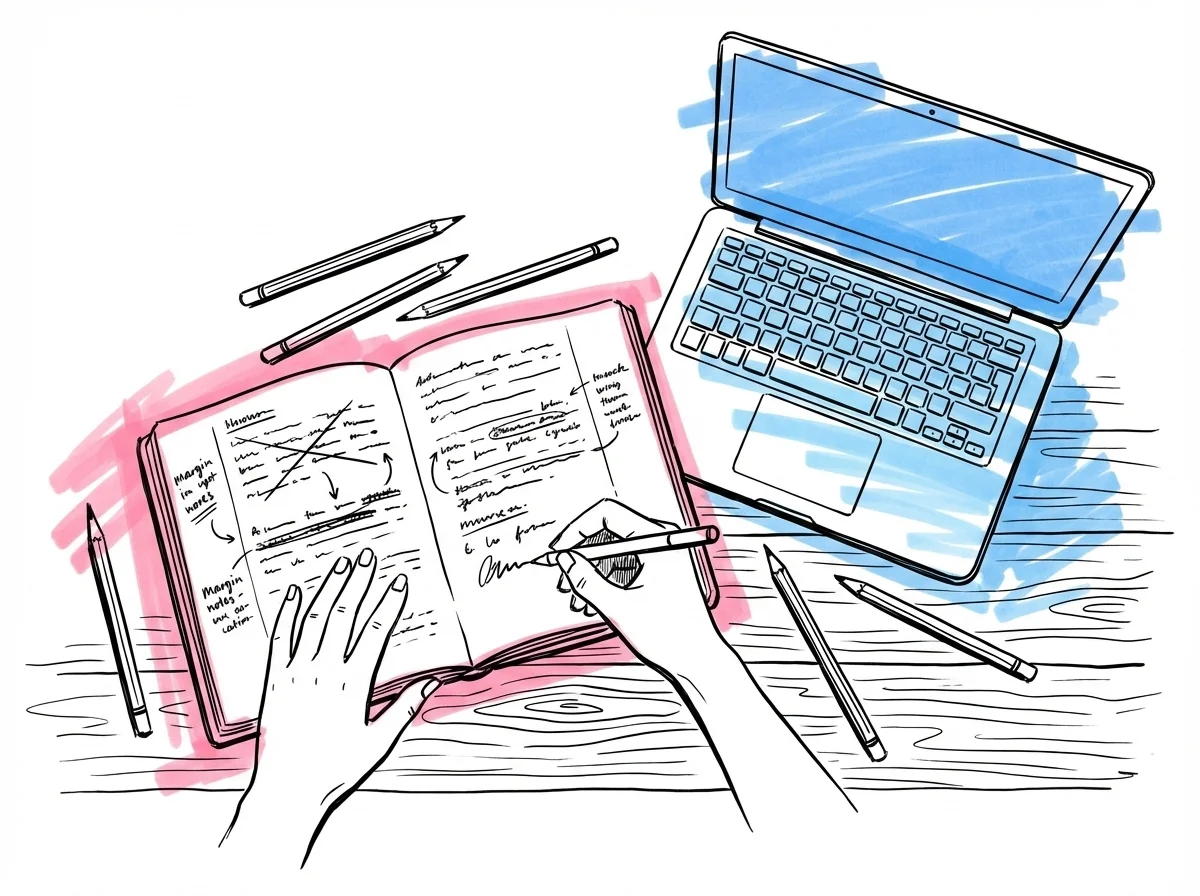 Händer som skriver i anteckningsbok med överstrykningar och marginalnotes, laptop med delat dokument bredvid