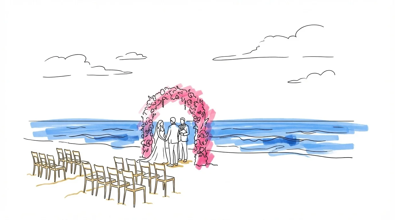 Svensk sandstrand med enkel ceremoniuppställning — stolar i sand mot havet, blomsterbåge och ett par vid altaret med öppen himmel