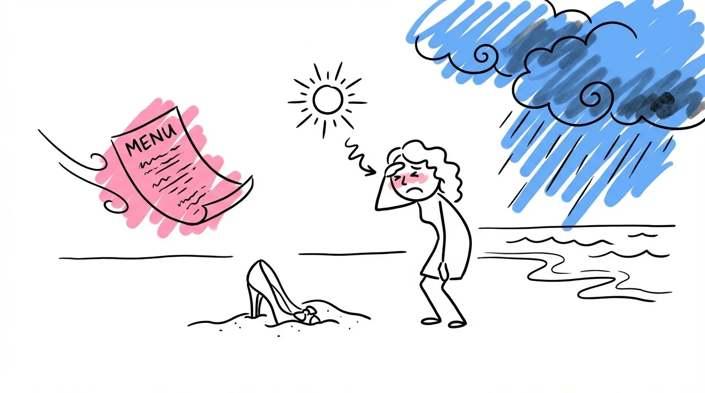 Humoristisk strandscen med flera fallgropar — menykort som blåser bort, högklackad sko som sjunker i sand, sol utan skugga och regnmoln på väg