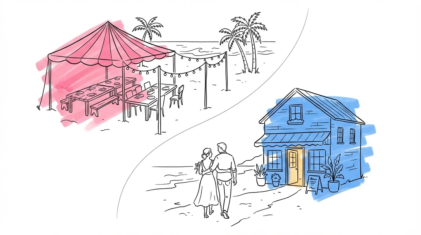 Delad scen med två alternativ — övre halvan visar fullständig strandmiddag med tält och ljusslingor, undre halvan visar par som promenerar från stranden mot en restaurang