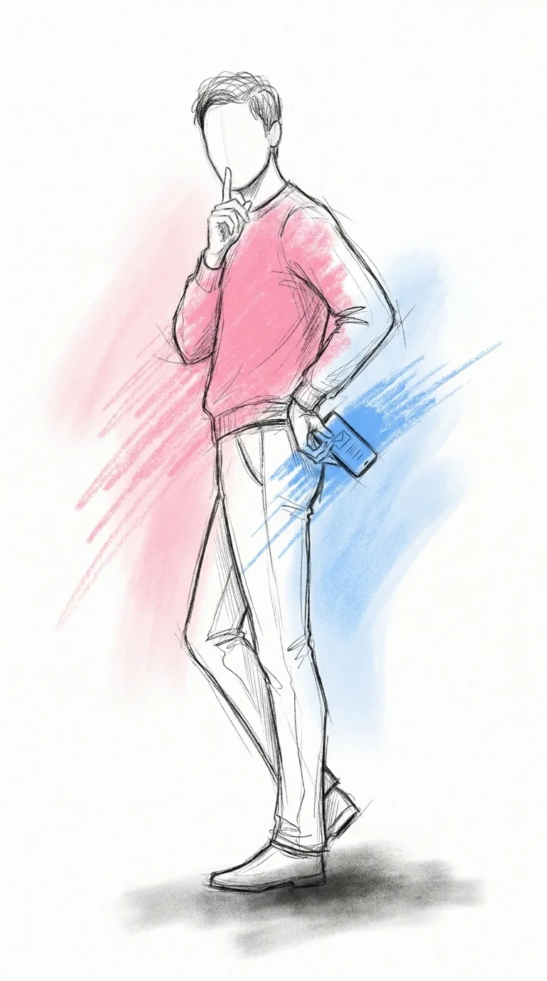 En vän håller ett finger mot läpparna i en tyst-gest medan han gömmer undan en telefon som visar en inbjudan, i Lovios rosa och blå illustrationsstil