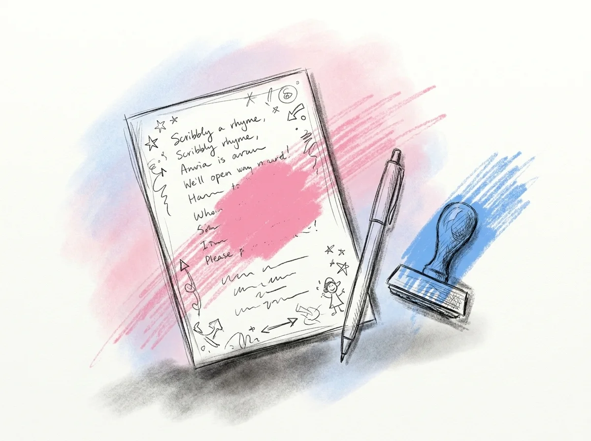 En lekfull inbjudan utformad som en skämtsam varningslapp, med små klotter och ett rim klottrat i marginalen, i Lovios rosa och blå illustrationsstil