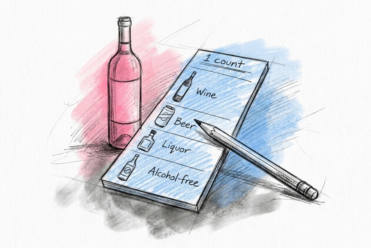 Handritad illustration av en dryckeskalkylator med gästantal och rader för vin, öl, sprit och alkoholfritt, i Lovios rosa och blå illustrationsstil