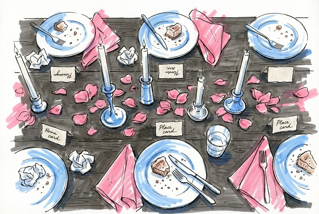 Bröllopsmiddag med gäster vid ett dukat bord och ett brudpar som reser sig för att tala, i Lovios rosa och blå illustrationsstil