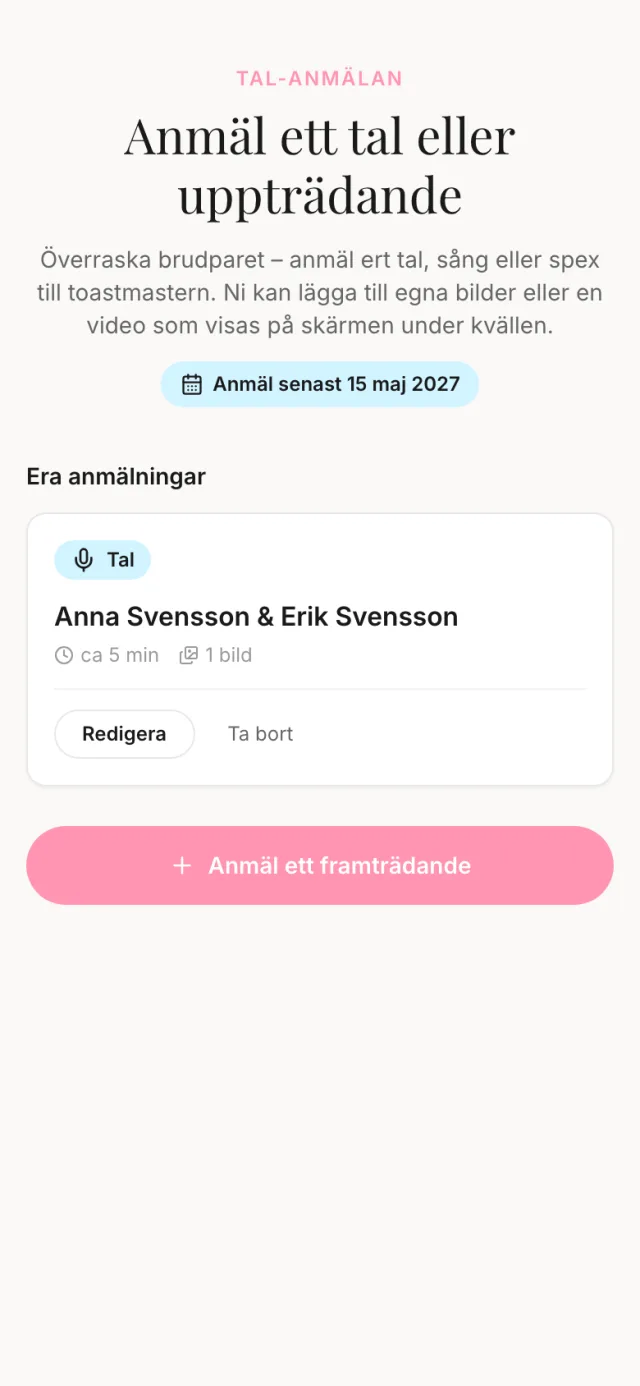 Gästens mobilvy för tal-anmälan, där hen väljer typ av framträdande och vilka som deltar.