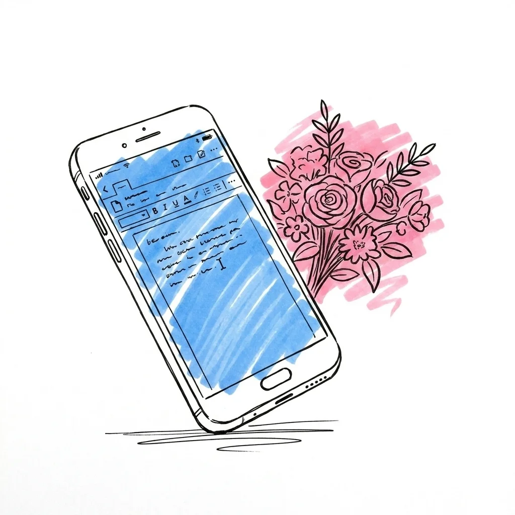 Telefonskärm med ett dokument och textrader och en markör, bredvid en liten bukett, känslan av att ha talet redo och polerat
