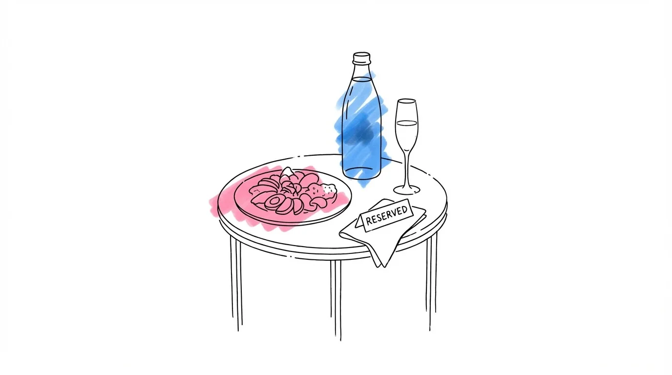 Tallrik med mat bredvid en vattenflaska och ett champagneglas, avställt för brudparet