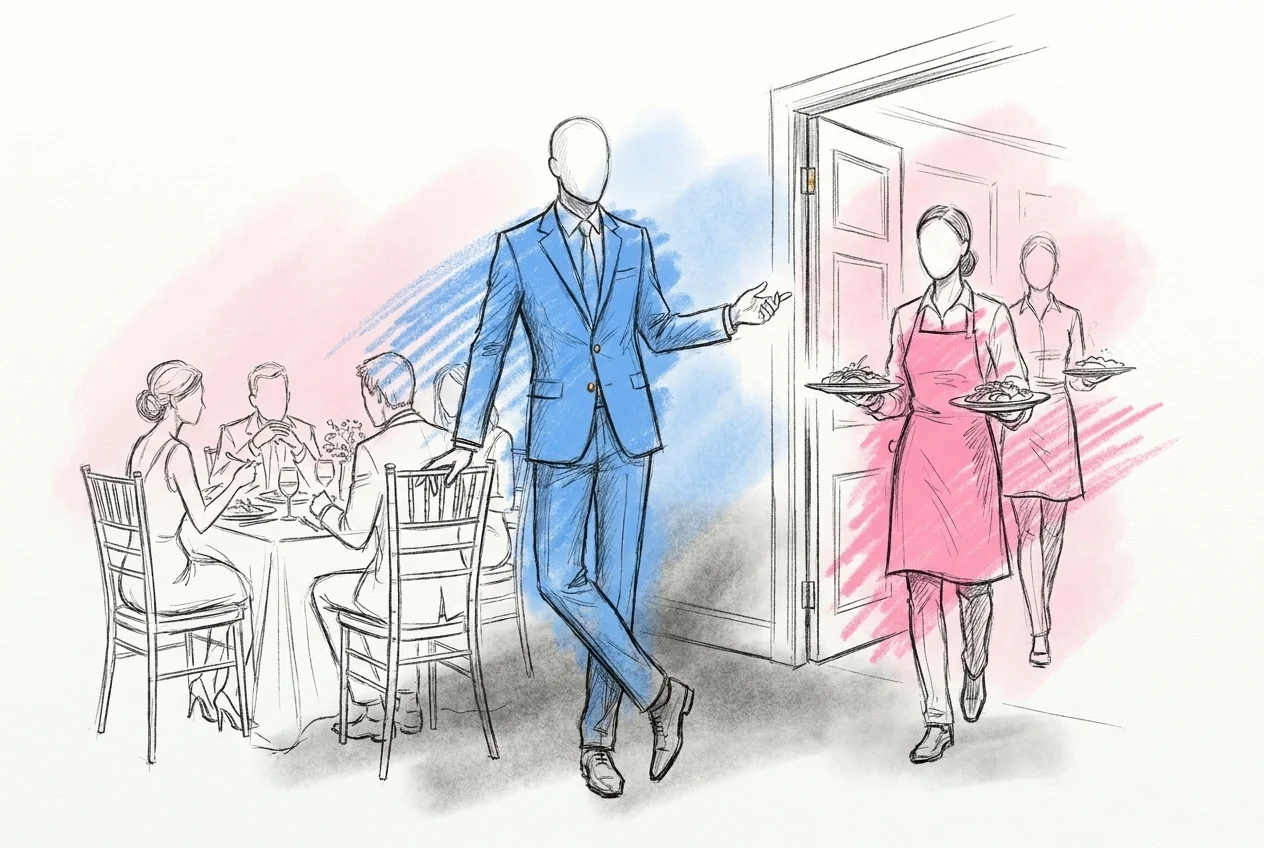 Toastmaster ger tecken till serveringen medan nästa rätt bärs in i matsalen