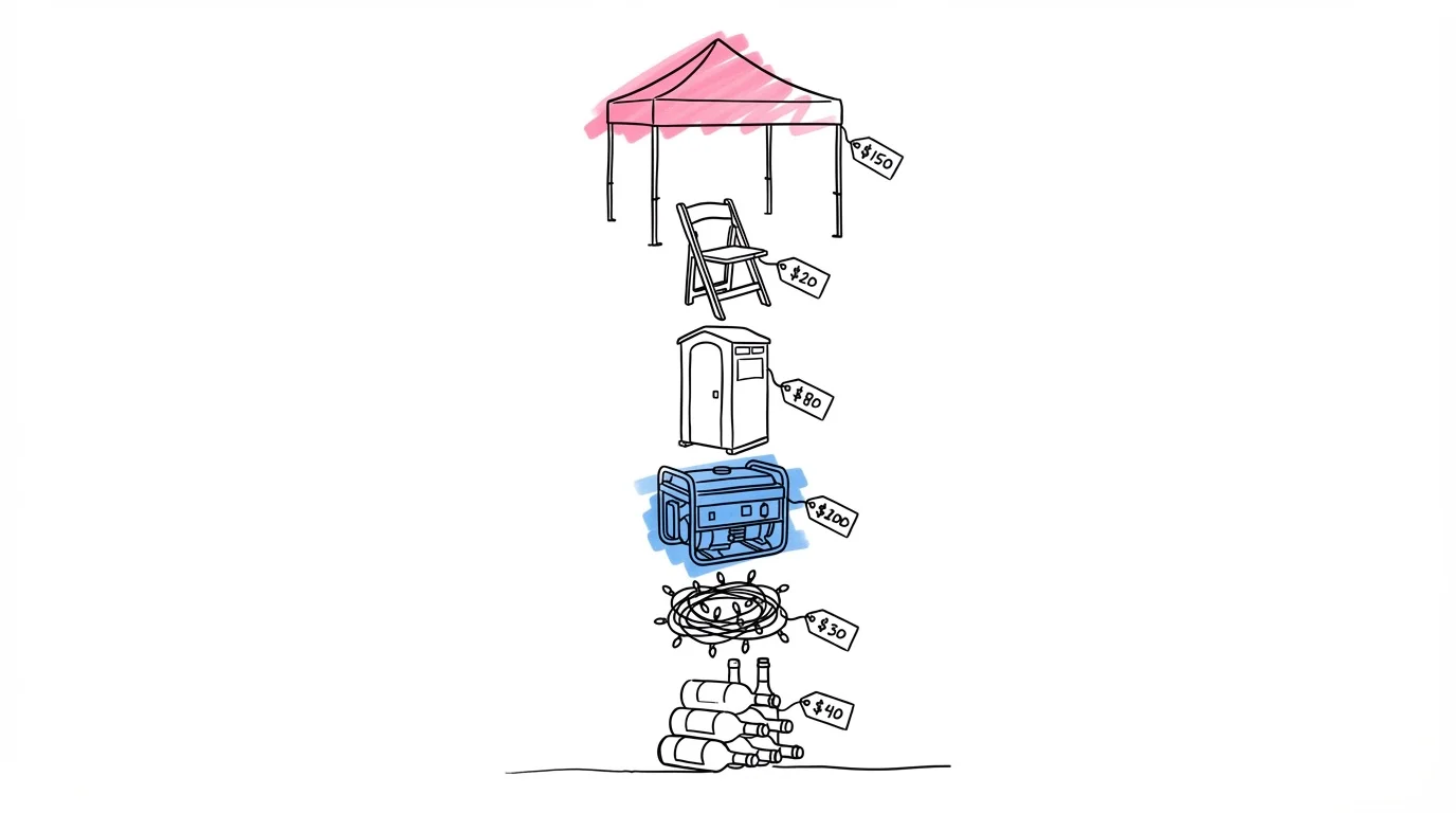 Vertikal illustration av kostnadsposter för trädgårdsbröllop — tält, stolar, toalett, generator och ljusslingor med prislappar