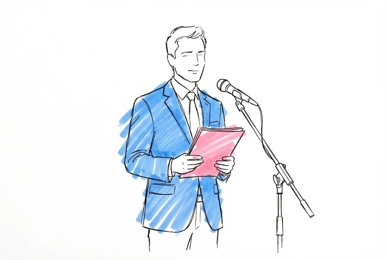 Toastmaster som håller ett dokument och står bredvid en mikrofon, i Lovios rosa och blå illustrationsstil