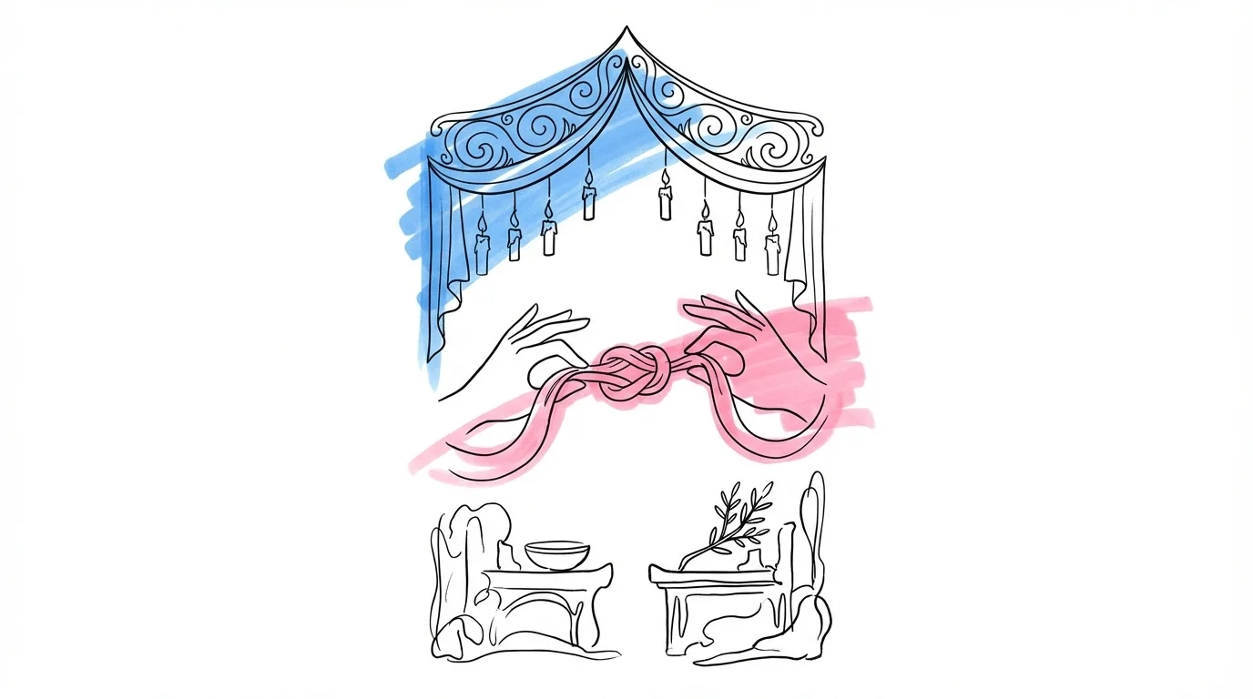 Illustration av tre ceremonimodeller i lager — baldakin, sammanbundna händer och separata altaren