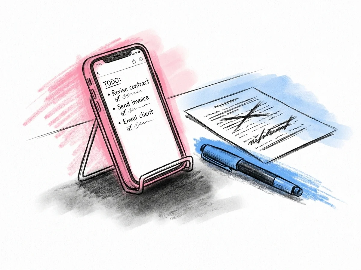 En telefon uppställd och visande ett checklisteliknande dokument under redigering, med en penna och ett utskrivet papper med några överstrukna rader bredvid