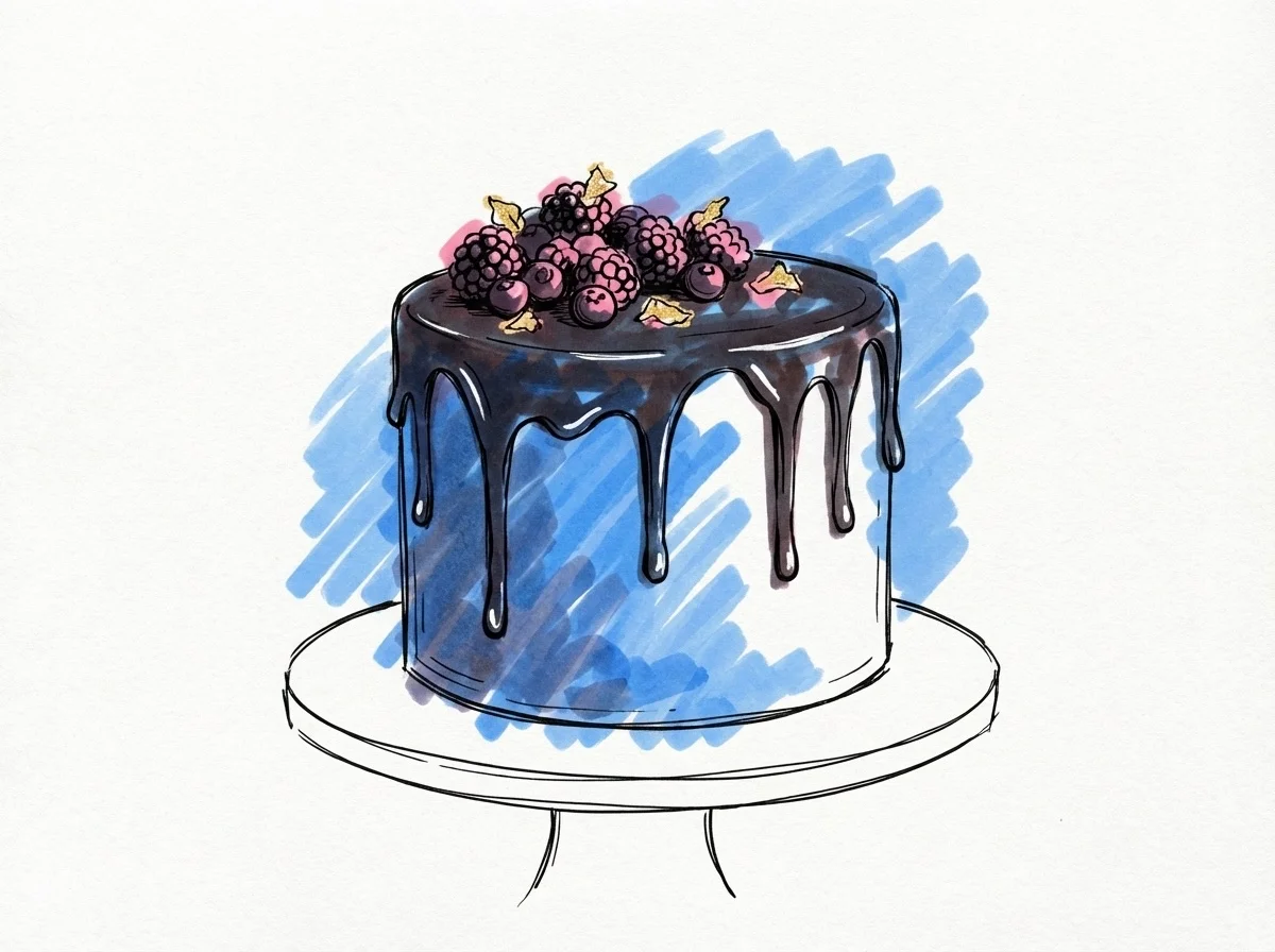 En enkelvånings chokladganachetårta med glansig chokladdropp, guldblad och mörka bär på toppen, elegant och dramatisk, i Lovios rosa och blå illustrationsstil