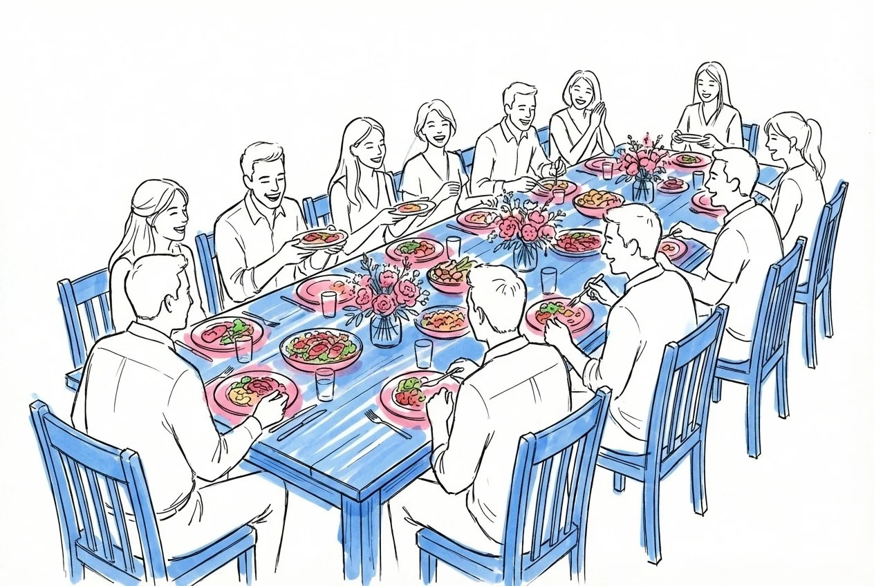 Ett festligt bord med flera gäster som njuter av olika färgglada rätter tillsammans, i Lovios rosa och blå illustrationsstil