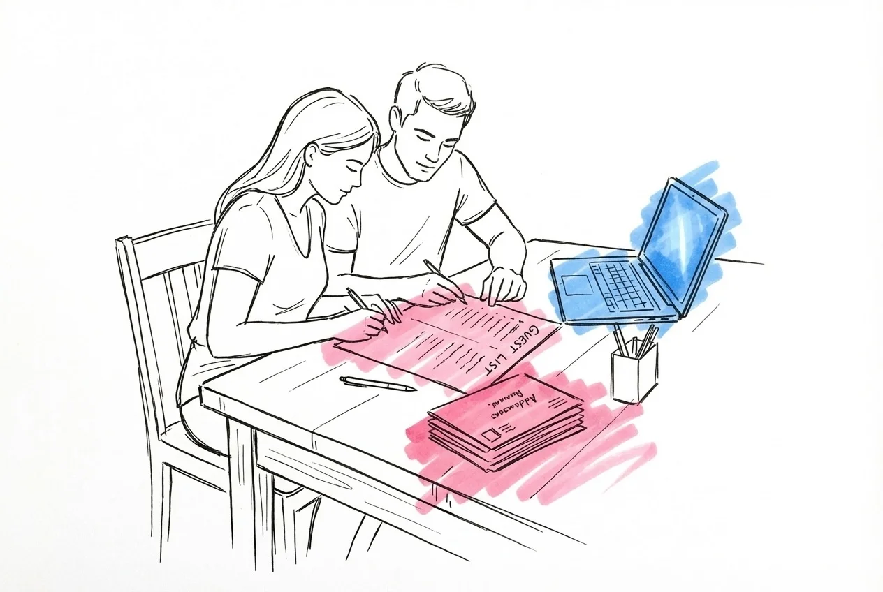 Par som sitter tillsammans vid ett skrivbord och granskar en gästlista med adresserade kuvert och en bärbar dator i Lovios rosa och blå illustrationsstil