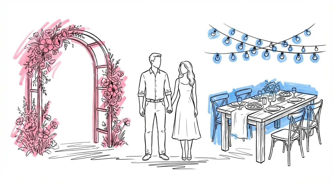 Par som står mellan två firanden — en intim vigselscen och en större festuppställning, Lovio brand illustration
