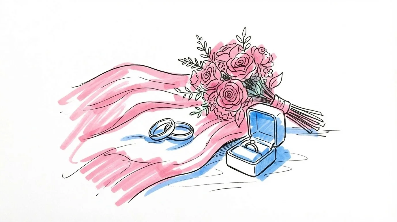 Två vigselringar sida vid sida — en rosa och en blå — mot vit bakgrund