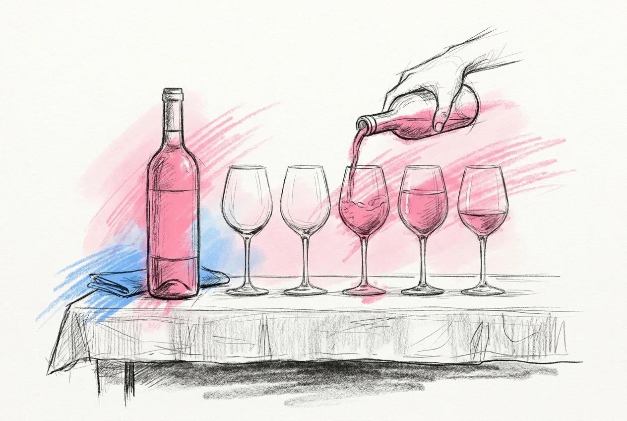 En 75 cl vinflaska bredvid sex bordsglas i rad på en linneduk, en hand mid-pour fyller ett av glasen — Lovios illustrationsstil