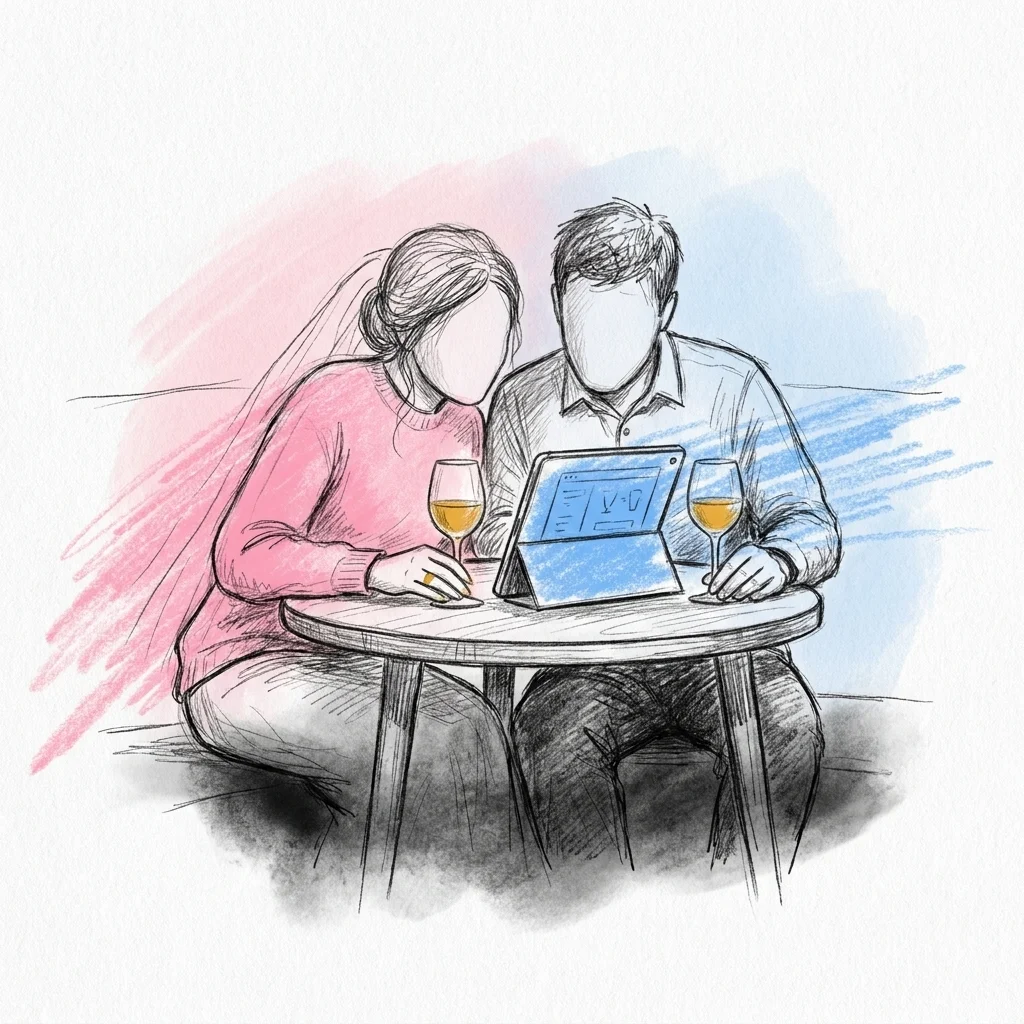 Brudpar sitter nära vid ett litet bord och tittar på en surfplatta med ett enkelt dryckeskalkylator-gränssnitt, två vinglas bredvid dem — Lovios illustrationsstil