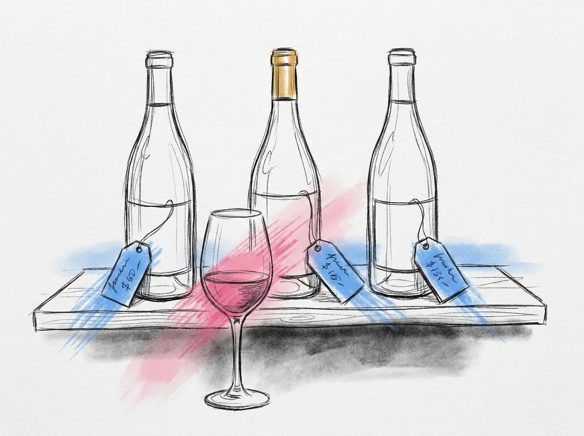 Tre vinflaskor uppradade på en hylla med små handskrivna prislappar lutade mot dem, ett provglas framför mellersta flaskan — Lovios illustrationsstil