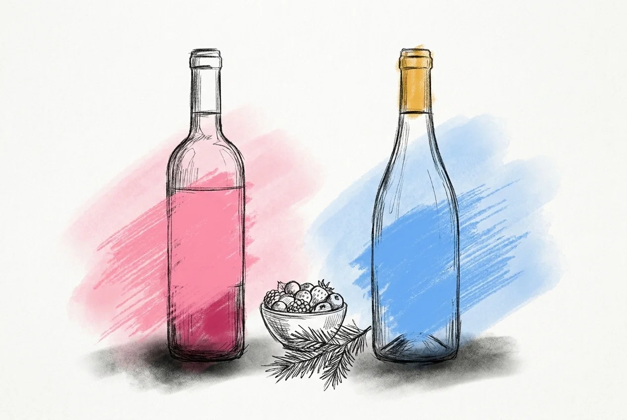 Två öppnade vinflaskor sida vid sida, en röd och en vit, med en liten skål sommarbär och en kvist av tall för att antyda säsongsbalans — Lovios illustrationsstil