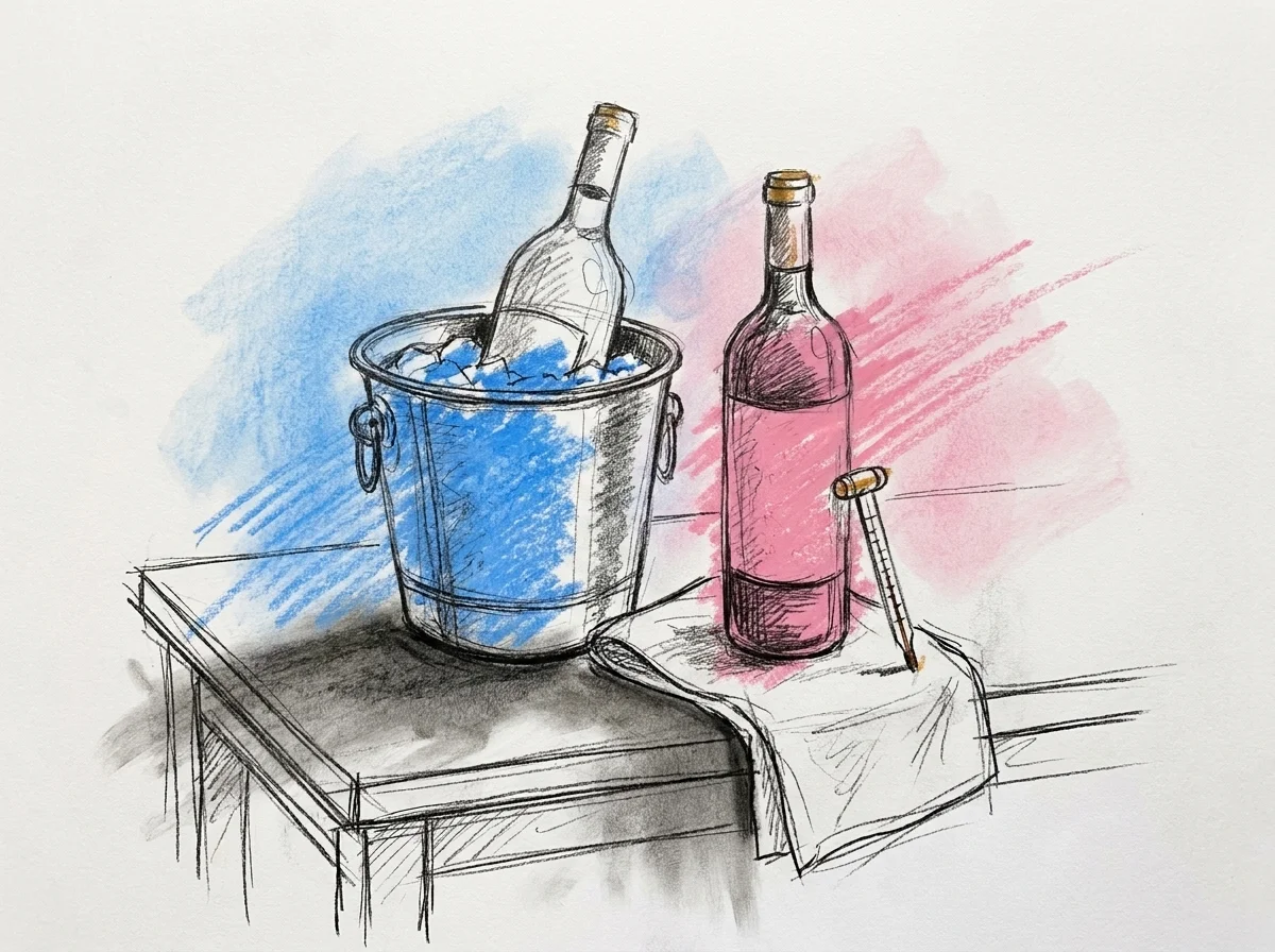 En ishink med en vit vinflaska på ett sidobord, en röd vinflaska vilar upprätt bredvid på en vikt linneduk, en termometer lutar mot duken — Lovios illustrationsstil