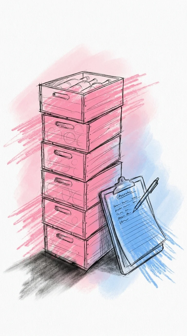 En hög stack av vinlådor bredvid ett clipboard med handskriven flaskräkning, organiserat och redo för en bröllopsbeställning — Lovios illustrationsstil